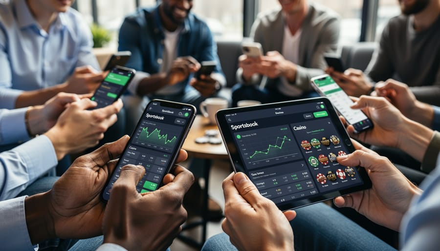 Smartphone and laptop displaying mobile betting platform interfaces