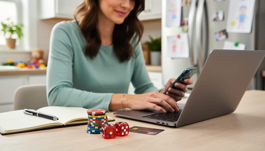Stay-at-home mom at a kitchen table using a laptop and phone with poker chips and dice nearby, sunlit home background with children’s toys and fridge art, representing sportsbook affiliate blogging from home.