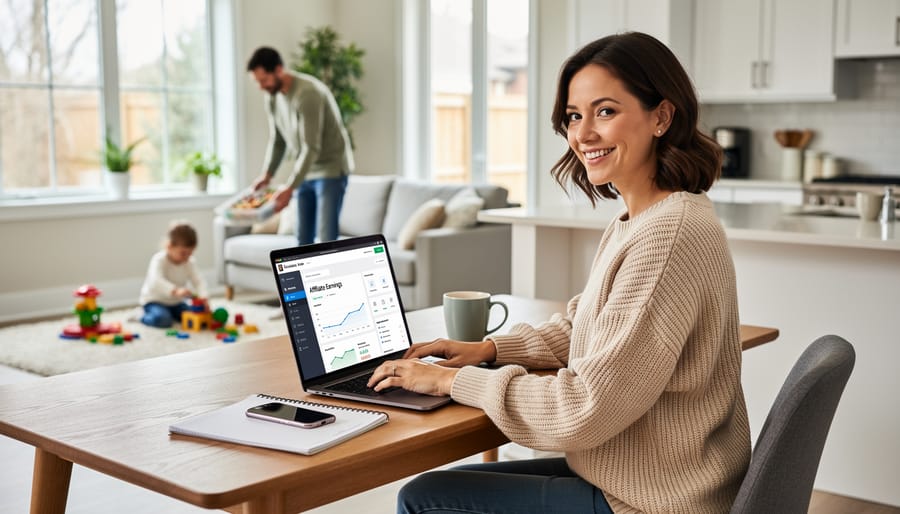 Mother working on laptop at kitchen table in home setting